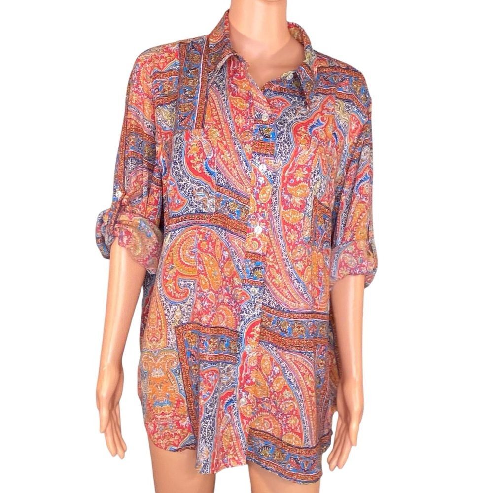 Jones New York Paisley Blouse Brady Bunch Retro 3-4 Sleeve Oversized SZ XL
